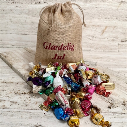 Julesæk med "Glædelig Jul" tekst og 500 gram luksus chokoladeblanding